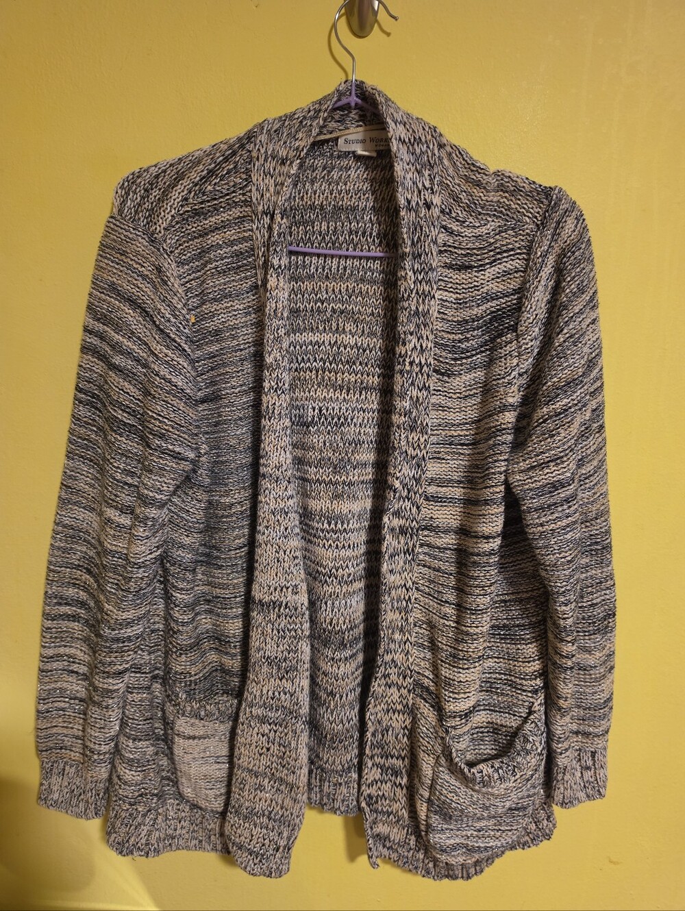 Studio Works Women’s Size 1X Cardigan Sweater Stripes Brown Black Cream Sparkle